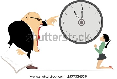 Angry boss and employee woman. Time concept. Deadline. Angry chief points to the clock and scolds an employee woman staying on the knees. Business time concept