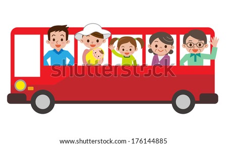 Happy family and tourist bus