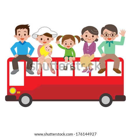 Happy family and tourist bus