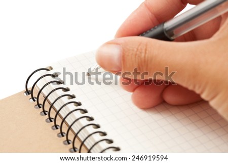 Notebook and hand with pen, isolated
