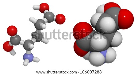 L-Glutamic acid (Glu, E) amino acid molecule, chemical structure. Glutamic acid is also responsible for umami flavor.
