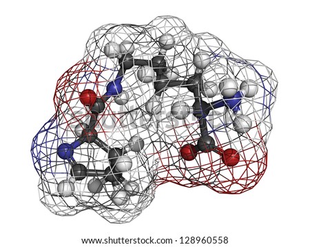 Pyrrolysine (Pyl, O) amino acid, molecular model. Amino acids are the building blocks of all proteins. Atoms are represented as spheres with conventional color coding: hydrogen (white), etc