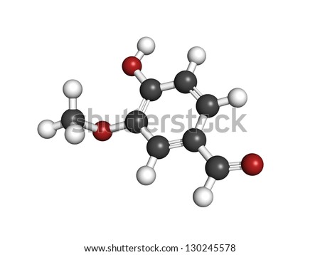 Vanillin vanilla extract molecule, chemical structure. Vanillin is the main component of vanilla extract. Atoms are represented as spheres with conventional color coding: hydrogen (white), etc