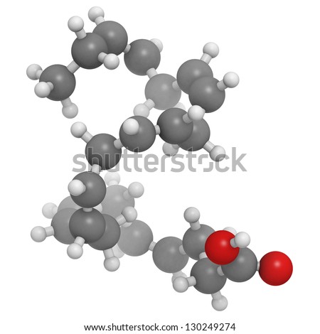 Omega-3 fatty acid docosahexaenoic acid, DHA, molecular model. Atoms are represented as spheres with conventional color coding: hydrogen (white), carbon (grey), oxygen (red)
