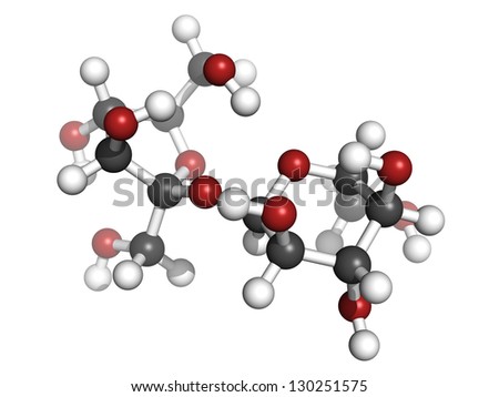 Sugar (sucrose, saccharose) molecule, chemical structure. Atoms are represented as spheres with conventional color coding: hydrogen (white), carbon (grey), oxygen (red)