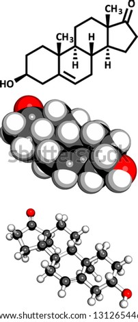 Dehydroepiandrosterone (DHEA, prasterone) steroid molecule, chemical structure. Three representations: 2D skeletal formula, 3D space-filling model and 3D ball-and-stick model.
