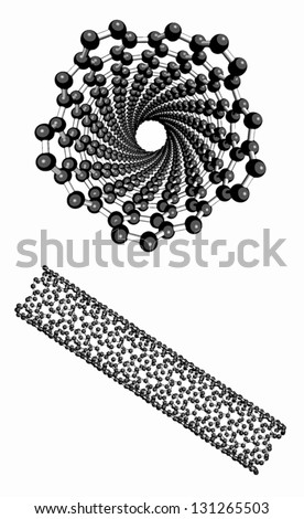 Carbon nanotube (CNT), molecular model. Ball-and-stick models. Viewed along the longitudinal axis and from the side.