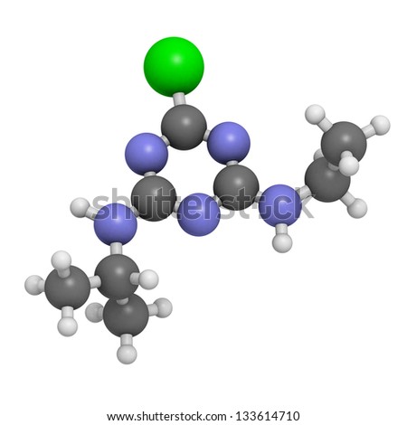 Atrazine herbicide, molecular model. Atoms are represented as spheres with conventional color coding: hydrogen (white), carbon (grey), nitrogen (blue), chlorine (green)