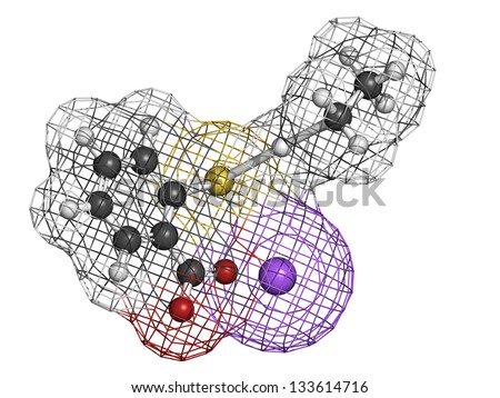 Thiomersal (thimerosal) vaccine preservative, molecular model. Atoms are represented as spheres with conventional color coding: hydrogen (white), carbon (grey), oxygen (red), sodium (purple), etc