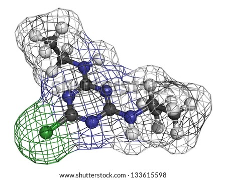 Atrazine herbicide, molecular model. Atoms are represented as spheres with conventional color coding: hydrogen (white), carbon (grey), nitrogen (blue), chlorine (green)