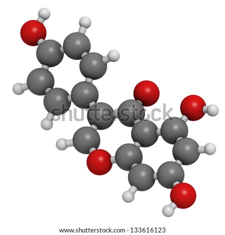 Genistein isoflavone, molecular model. Atoms are represented as spheres with conventional color coding: hydrogen (white), carbon (grey), oxygen (red)