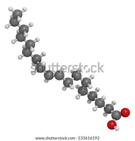 Elaidic acid trans fatty acid, molecular model. Trans fatty acids are found in hydrogenated vegetable oils, and are used in the production of e.g. margarine. Atoms are represented as spheres