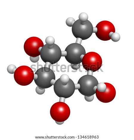 Glucose (beta-D-glucose, grape sugar, dextrose) molecule, chemical structure. Atoms are represented as spheres with conventional color coding: hydrogen (white), carbon (grey), oxygen (red)