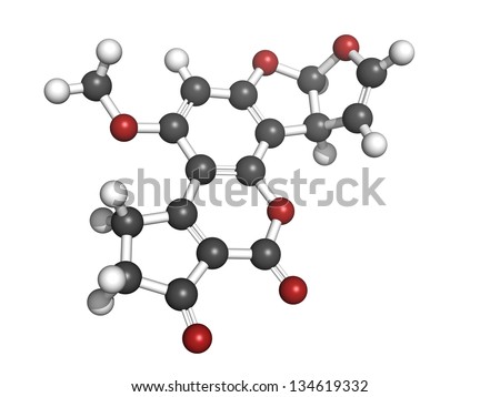 Aflatoxin B1 carcinogenic food contaminant molecule, chemical structure. Atoms are represented as spheres with conventional color coding: hydrogen (white), carbon (grey), oxygen (red)