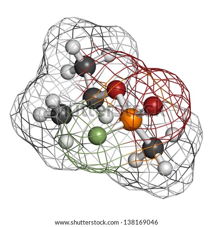 Sarin nerve agent, molecular model. Sarin is a chemical weapon, classified as a weapon of mass destruction. Atoms are represented as spheres with conventional color coding