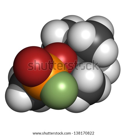 Soman nerve agent, molecular model. Soman is a chemical weapon, classified as a weapon of mass destruction. Atoms are represented as spheres with conventional color coding