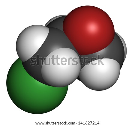 epichlorohydrin (ECH) epoxy resin building block. Atoms are represented as spheres with conventional color coding: hydrogen (white), carbon (grey), oxygen (red), chlorine (green).
