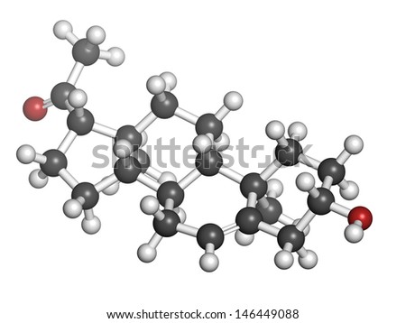 Pregnenolone neurosteroid and prohormone molecule, chemical structure. Atoms are represented as spheres with conventional color coding: hydrogen (white), carbon (grey), oxygen (red).