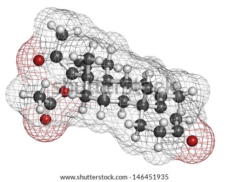 Melengestrol acetate (MGA) cattle growth promoter. Atoms are represented as spheres with conventional color coding: hydrogen (white), carbon (grey), oxygen (red).