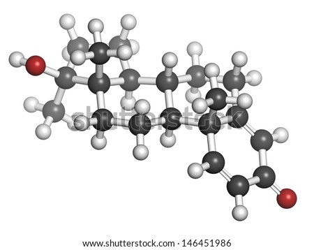 Methandrostenolone (metandienone) anabolic steroid drug, chemical structure. Atoms are represented as spheres with conventional color coding: hydrogen (white), carbon (grey), oxygen (red).