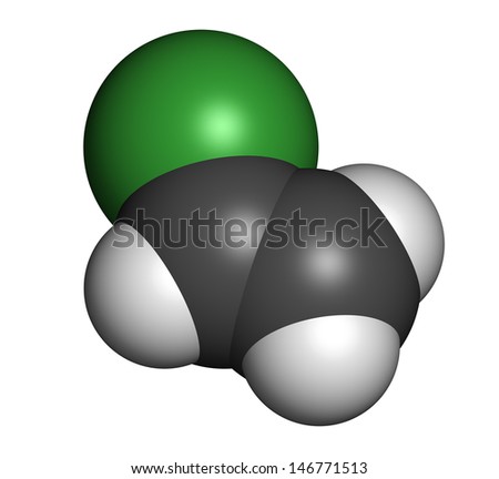 Vinyl chloride, polyvinyl chloride (PVC) plastic building block. Atoms are represented as spheres with conventional color coding: hydrogen (white), carbon (grey), chlorine (green).