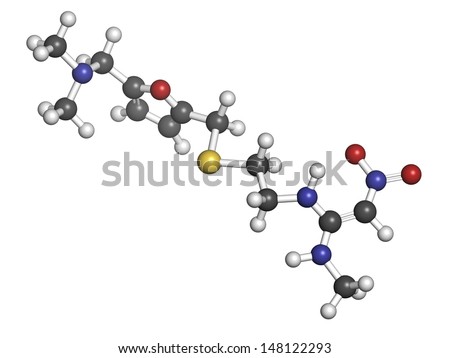 Ranitidine peptic ulcer disease drug, chemical structure. Blocks stomach acid production. Atoms are represented as spheres with conventional color coding: hydrogen (white), carbon (grey), etc