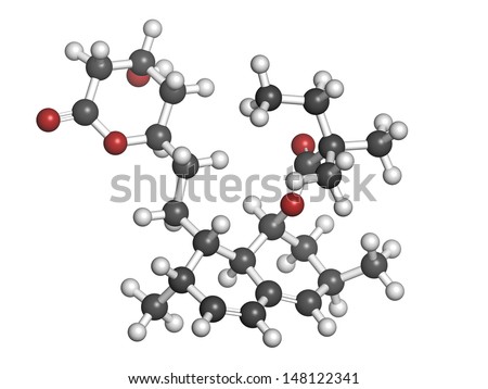 Simvastatin cholesterol lowering drug (statin class), chemical structure. Atoms are represented as spheres with conventional color coding: hydrogen (white), carbon (grey), oxygen (red)