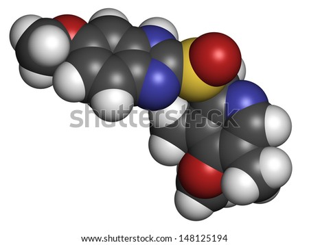 Omeprazole dyspepsia and peptic ulcer disease drug (proton pump inhibitor), chemical structure.  Atoms are represented as spheres with conventional color coding: hydrogen (white), etc