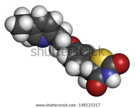 Pioglitazone diabetes drug, chemical structure. Atoms are represented as spheres with conventional color coding: hydrogen (white), carbon (grey), oxygen (red), nitrogen (blue), sulfur (yellow)