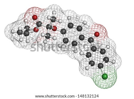 Fenofibrate cholesterol lowering drug (fibrate class), chemical structure. Atoms are represented as spheres with conventional color coding: hydrogen (white), carbon (grey), oxygen (red), etc