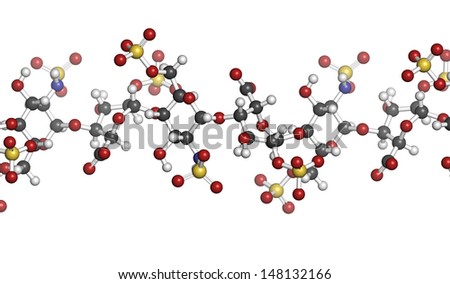 Heparin anticoagulant drug, chemical structure. Atoms are represented as spheres with conventional color coding: hydrogen (white), carbon (grey), oxygen (red), nitrogen (blue), sulfur (yellow)