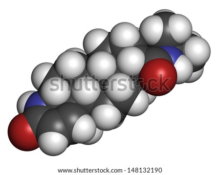 finasteride male pattern baldness drug, chemical structure. Also used in benign prostatic hyperplasia (BPH, enlarged prostate) treatment. Atoms are represented as spheres with conventional color.