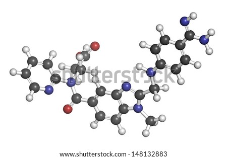 Dabigatran anticoagulant drug (direct thrombin inhibitor), chemical structure. Atoms are represented as spheres with conventional color coding: hydrogen (white), carbon (grey), oxygen (red), etc
