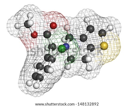 Clopidogrel antiplatelet agent, chemical structure. Inhibits blood clotting Atoms are represented as spheres with conventional color coding: hydrogen (white), carbon (grey), oxygen (red), etc
