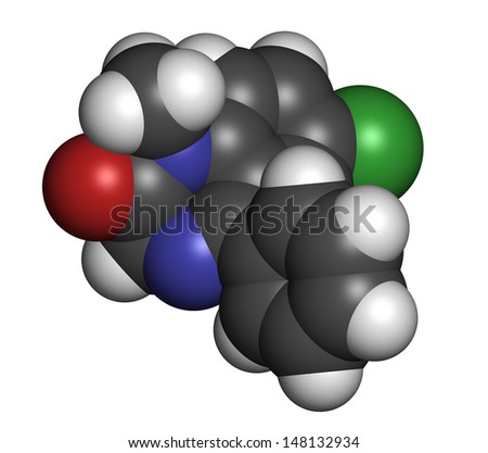 Diazepam sedative and hypnotic drug (benzodiazepine class), chemical structure. Atoms are represented as spheres with conventional color coding: hydrogen (white), carbon (grey), nitrogen (blue), etc