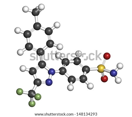 Celecoxib pain and inflammation drug (NSAID), chemical structure. Atoms are represented as spheres with conventional color coding: hydrogen (white), carbon (grey), oxygen (red), etc