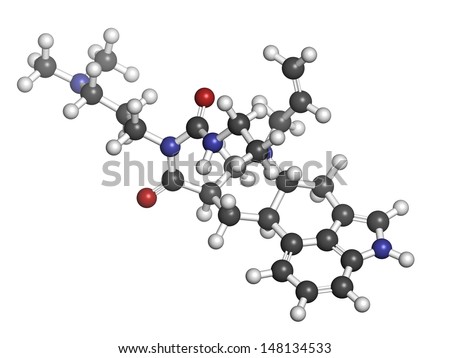 Cabergoline drug, chemical structure. Used in Parkinson\'s disease and other disease conditions. Atoms are represented as spheres with conventional color coding: hydrogen (white), carbon (grey), etc