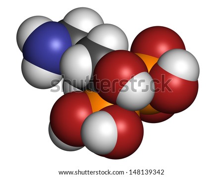Alendronic acid (alendronate, bisphosphonate class) osteoporosis drug, chemical structure. Atoms are represented as spheres with conventional color coding: hydrogen (white), carbon (grey), etc