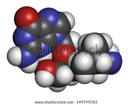 Valganciclovir cytomegalovirus (CMV, HCMV) drug, chemical structure. Atoms are represented as spheres with conventional color coding: hydrogen (white), carbon (grey), nitrogen (blue), oxygen (red).