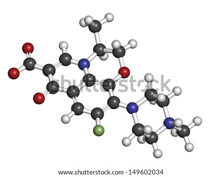 Levofloxacin antibiotic drug (fluoroquinolone class), chemical structure. Atoms are represented as spheres with conventional color coding: hydrogen (white), carbon (grey), nitrogen (blue), etc