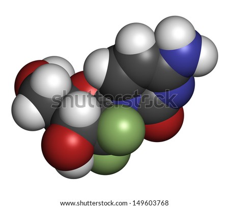 Gemcitabine cancer chemotherapy drug, chemical structure. Atoms are represented as spheres with conventional color coding: hydrogen (white), carbon (grey), nitrogen (blue), oxygen (red),  etc