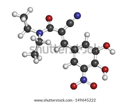 Entacapone Parkinson\'s disease drug, chemical structure. Atoms are represented as spheres with conventional color coding: hydrogen (white), carbon (grey), nitrogen (blue), oxygen (red).