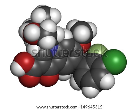 Elvitegravir HIV treatment drug (integrase inhibitor), chemical structure. Atoms are represented as spheres with conventional color coding: hydrogen (white), carbon (grey), etc