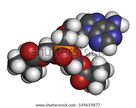 Adefovir dipivoxil hepatitis B and herpes simplex virus (HSV) drug, chemical structure. Atoms are represented as spheres with conventional color coding: hydrogen (white), carbon (grey), etc