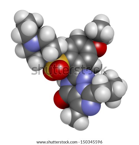 Vardenafil erectile dysfunction drug, chemical structure. Atoms are represented as spheres with conventional color coding: hydrogen (white), carbon (grey), oxygen (red), nitrogen (blue), etc