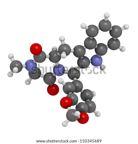 Tadalafil erectile dysfunction drug, chemical structure. Atoms are represented as spheres with conventional color coding: hydrogen (white), carbon (grey), oxygen (red), nitrogen (blue)