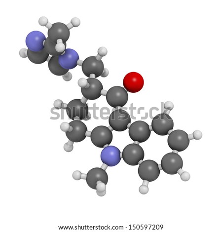 Ondansetron nausea and vomiting treatment drug, chemical structure. Atoms are represented as spheres with conventional color coding: hydrogen (white), carbon (grey), oxygen (red), nitrogen (blue)
