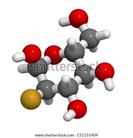Fludeoxyglucose 18F (fluorodeoxyglucose 18F, FDG) cancer imaging diagnostic drug, chemical structure. Contains radioactive isotope fluorine-18. Atoms are represented as spheres with conventional color