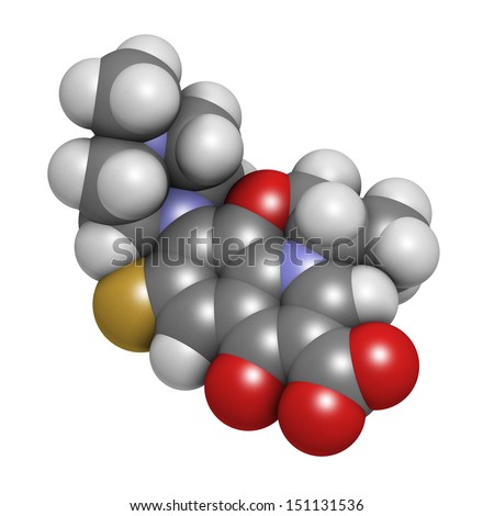 Levofloxacin antibiotic drug (fluoroquinolone class), chemical structure. Atoms are represented as spheres with conventional color coding: hydrogen (white), carbon (grey), etc