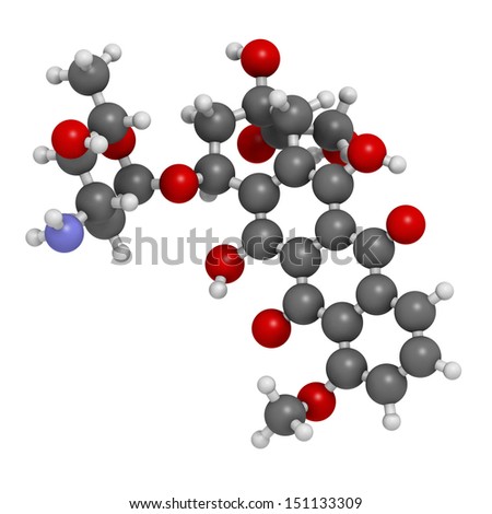 Epirubicin cancer chemotherapy drug, chemical structure. Atoms are represented as spheres with conventional color coding: hydrogen (white), carbon (grey), nitrogen (blue), oxygen (red).